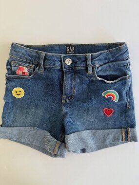 GAP Kids Stretch Midi Denim Shorts Emoji Rainbow Heart Smiley Face Size 10